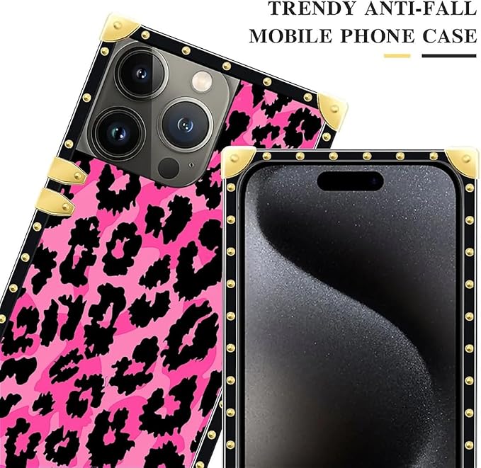 Compatible with iPhone 16 Pro Case, Pink Black Leopard Luxury Golden Decoration for Girl Women Soft TPU Shockproof Protective Hard PC Back