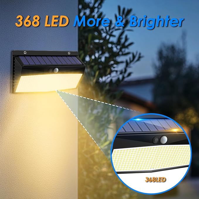 Peasur 4 Pack 368 LED Solar Motion Sensor Lights Outdoor, Solar Fence Lights with 3 Lighting Modes, Solar Powered Security Lights Waterproof for Outside Yard Wall Garden Backyard Step, Warm White