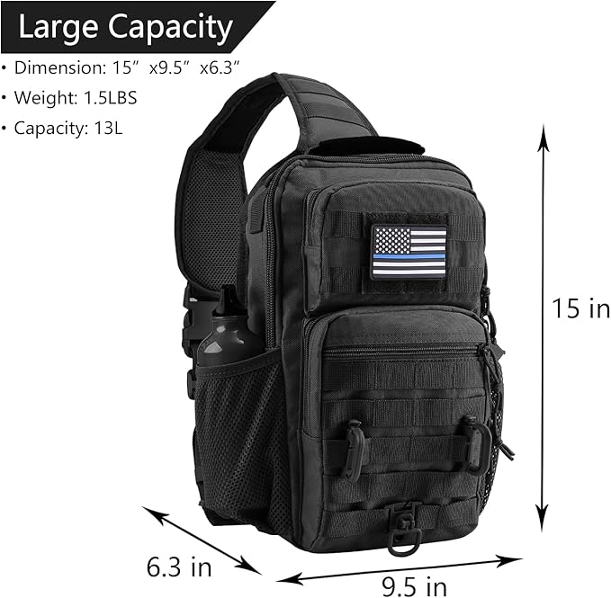 Rover Sling Pack Tactical Shoulder Sling Bag Backpack with Bottle Holder Crossbody Chest Bag, Black