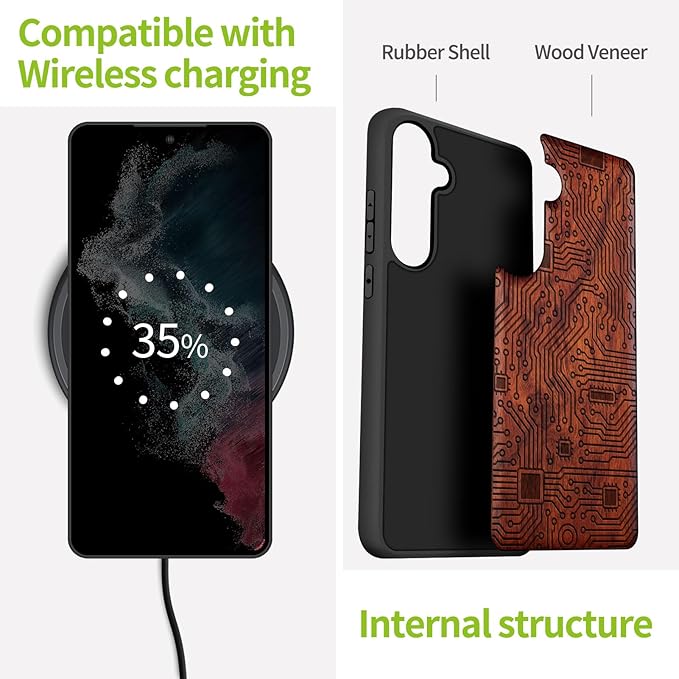 Carveit Wood Case for Galaxy S24 Plus Case [Natural Wood & Black Soft TPU] Shockproof Protective Cover Unique Wooden Design Compatible with S24 Plus (Motherboard-Rosy)