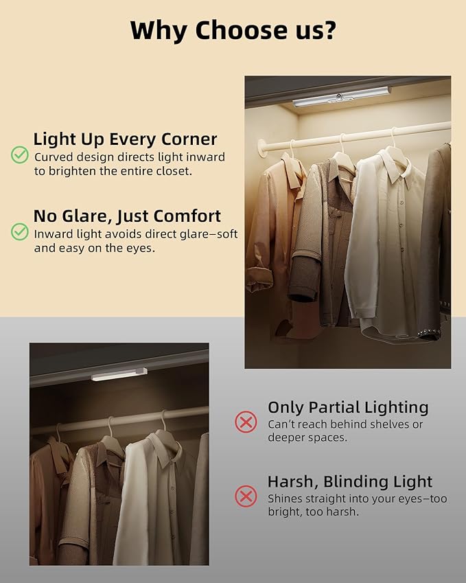 EZVALO 13-inch Motion Sensor Closet Light, LED Rechargeable Closet Light with Adjustable Sensor, 3 Colors & Dimmable, No Glare, Magnetic Motion Lights Indoor for Closet, Pantry, Stairs