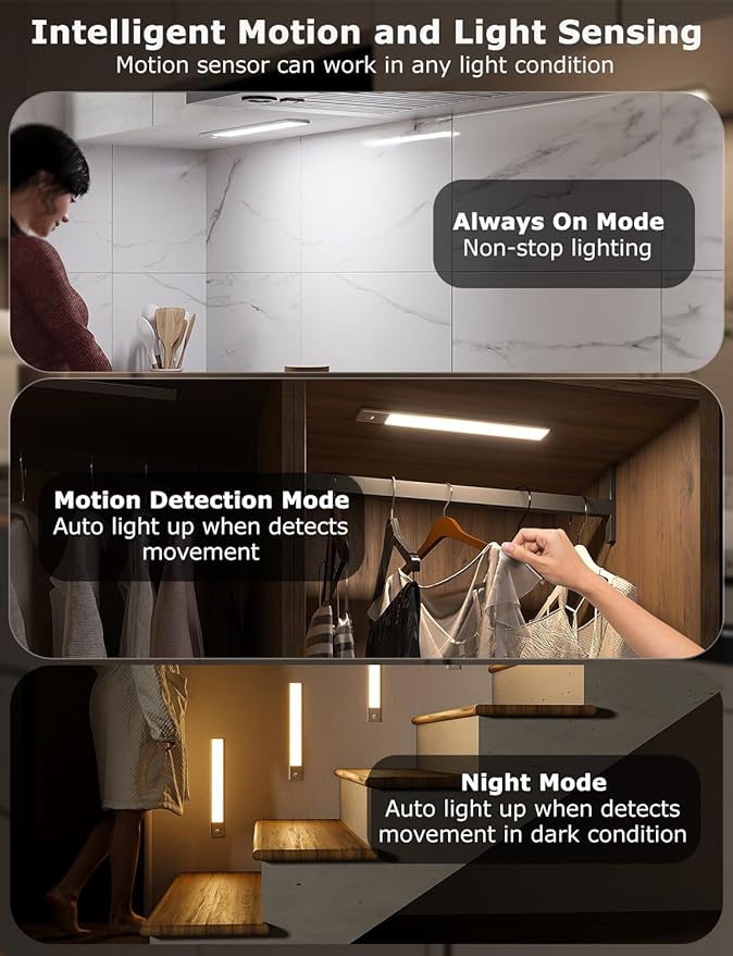 12" Ultra-Thin Under Cabinet Lighting Wireless, Aluminum Alloy Under Counter Lights for Kitchen, 3-Color-Temps Magnetic Closet Lights, Rechargeable Motion Sensor Light Indoor (6 Pack, Silver)