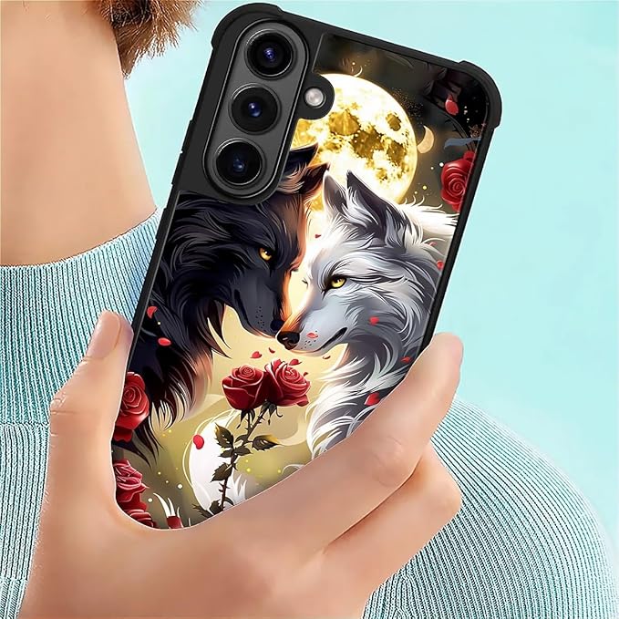 for Samsung Galaxy S26 Case,Graphic Design for Girl Boy Soft Silicone Hard Acrylic Shock Protection Designed for Samsung Galaxy S26 Black White Wolf Moon Flower Rose Pattern