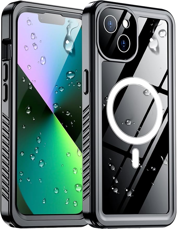 Temdan Compatible with iPhone 13 Case Waterproof, Built-in Screen & Camera Protector IP68 Underwater Full Body 13FT Military Dropproof Shockproof Phone Case 6.1"-Black/Clear-Mag