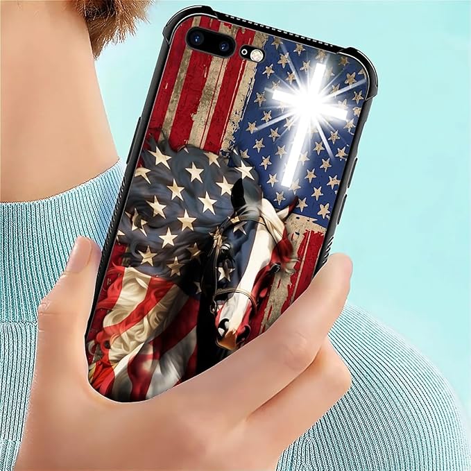 for iPhone 7/8 Case, Red American Flag Horse Cross Pattern Made of Soft Silicone Hard Acrylic Shock Protection for iPhone 7/8