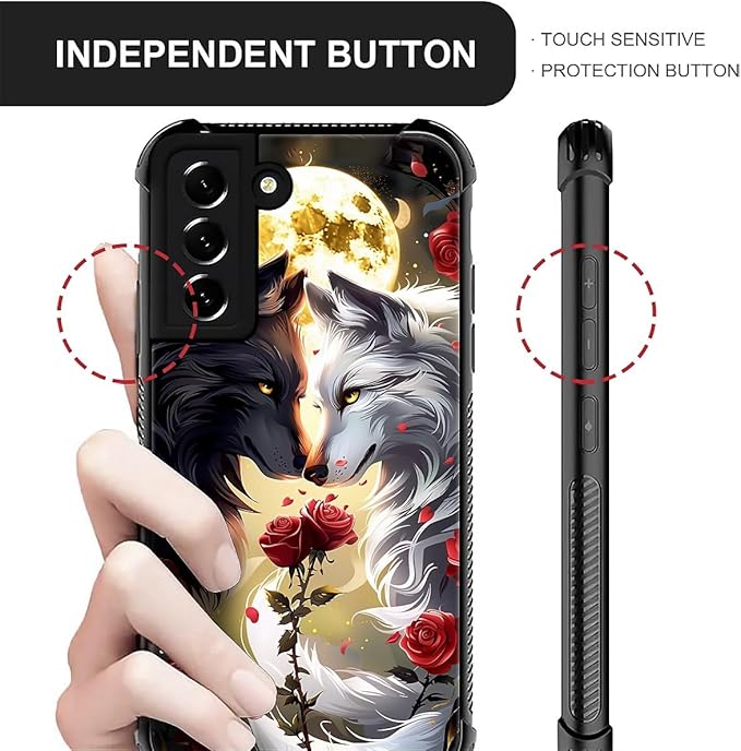 for Samsung Galaxy S22 Plus Case, Black White Wolf Moon Flower Rose Pattern Graphic Design Girl Boy Soft Silicone Hard Acrylic Shock Protection for Samsung Galaxy S22 Plus