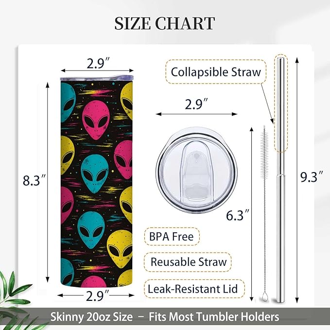 Firmiso 20 oz Tumbler｜Skinny Insulated Travel Mug｜Stainless Steel Cup with Lid and Telescopic Straw｜Colorful Alien Design｜Funny Novelty Drinkware｜Unique Gift Idea for Adults Men Women