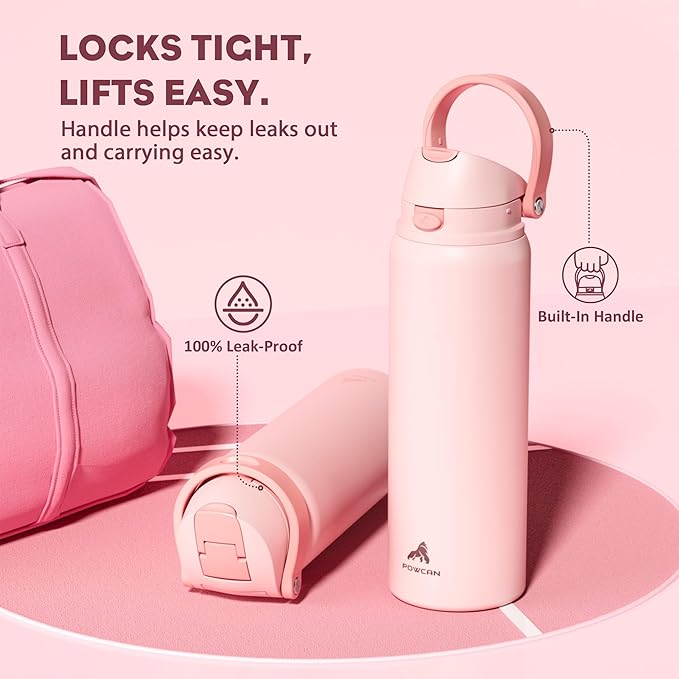 POWCAN 32 oz Insulated Water Bottle for Travel: 2-in-1 Lid with Push-Button Spout & Quick-Flip Straw, Leakproof, Keep Cold 24Hrs, Vacuum Stainless Steel for Travel, Trip, Hiking, Sport (Cotton Candy)