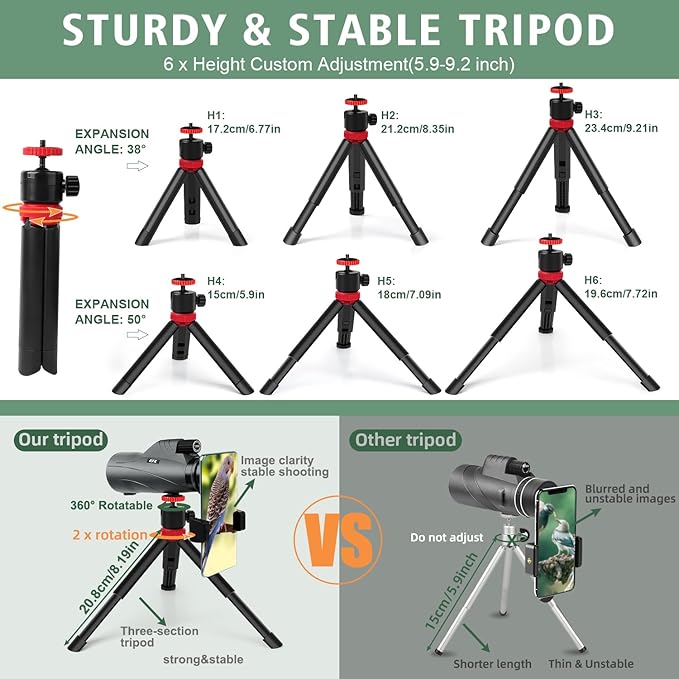 12x56 High Power Monocular Telescope with Smartphone Adapter Tripod Travel Bag, Larger Vision Monoculars for Adults with BAK4 Prism & FMC Lens, Suitable for Bird Watching Hunting Hiking Camping