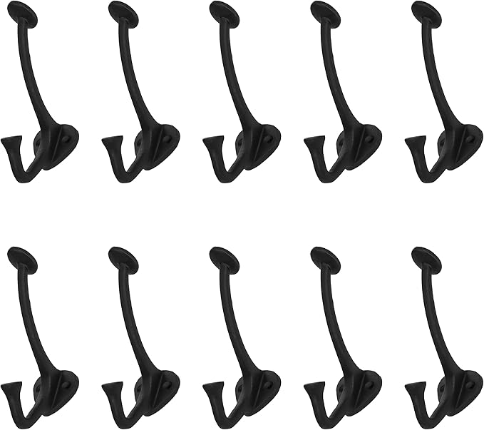 Mystic Colonial Medieval Cast Iron Wall Hooks Pack of 10 (4 in x 3 in) Heavy Duty Dual Hooks for Coats, Hats, Keys & Bags | Rustic Black Metal Hangers | Strong, Sturdy & Decorative Wall Hardware