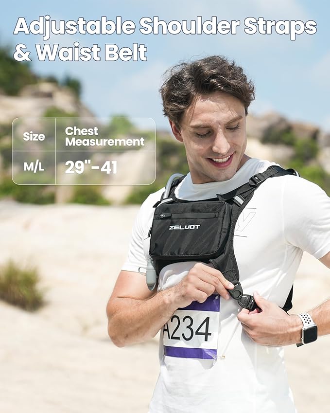Zelvot Running Vest with 1L Water Bladder, USA Original Patent, Adjustable Reflective Running Hydration Vest, Lightweight Chest Pack for Men Women for Hiking, Cycling (Black, M/L)