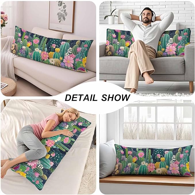 Cactus Decorative Body Pillows for Home, Tropical Cactus Floral Body Pillow Cover Sleeper Pillow Cushion Cover Bedding Body Pillowcase for Man Woman Sofa Patio Shop 20x54 Inch, Green