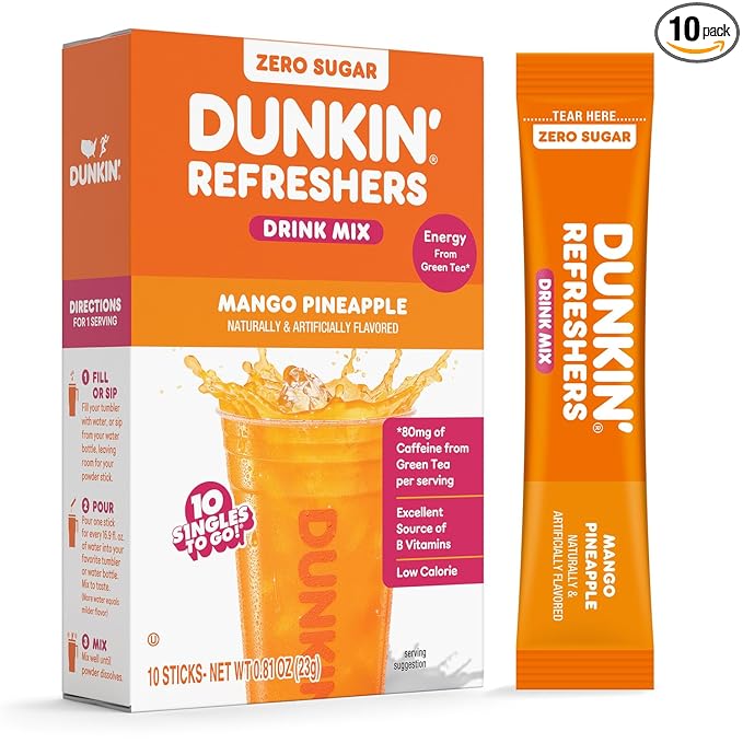 Dunkin’ Zero Sugar Refreshers Singles To Go! Powdered drink mix packets, Mango Pineapple,10 packets per box Energy from Green Tea, aspartame-free, no synthetic colors, naturally and artificially flavored, just add water