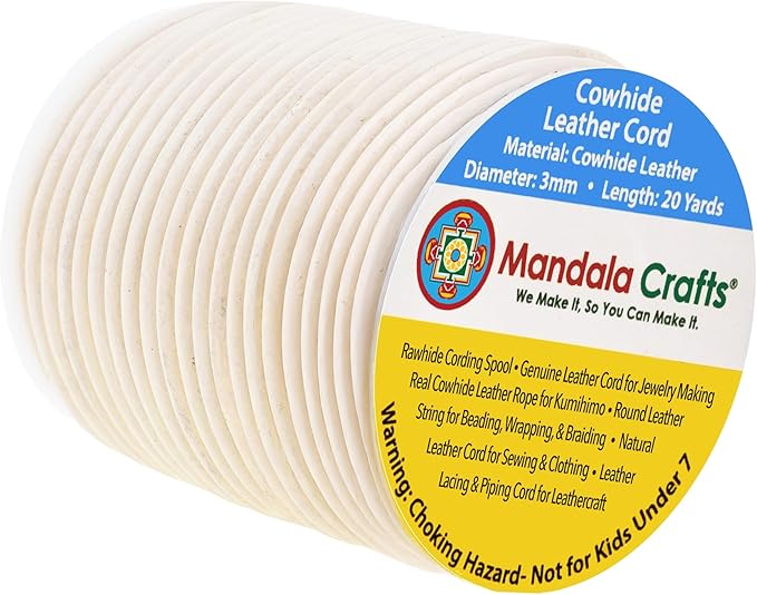 Mandala Crafts Round Genuine Cream Leather Cord for Jewelry Making – 3mm Cowhide Leather Rope String Lace for Kumihimo – 20 Yards Cowhide Craft Cording Spool