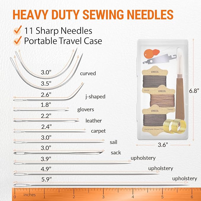 Upholstery Repair Kit: Waxed Sewing Thread (3 Rolls - Brown Color Range) & Heavy Duty Needles (11 PCS) for Leather, Canvas & Quilting Thread