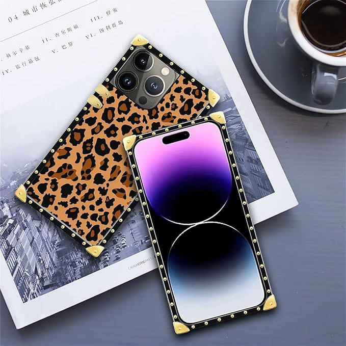 Compatible with iPhone 14 Pro Max Case, Brown Leopard Texture Luxury Golden Decoration for Girl Women Soft TPU Shockproof Protective Hard PC Back for iPhone 14 Pro Max