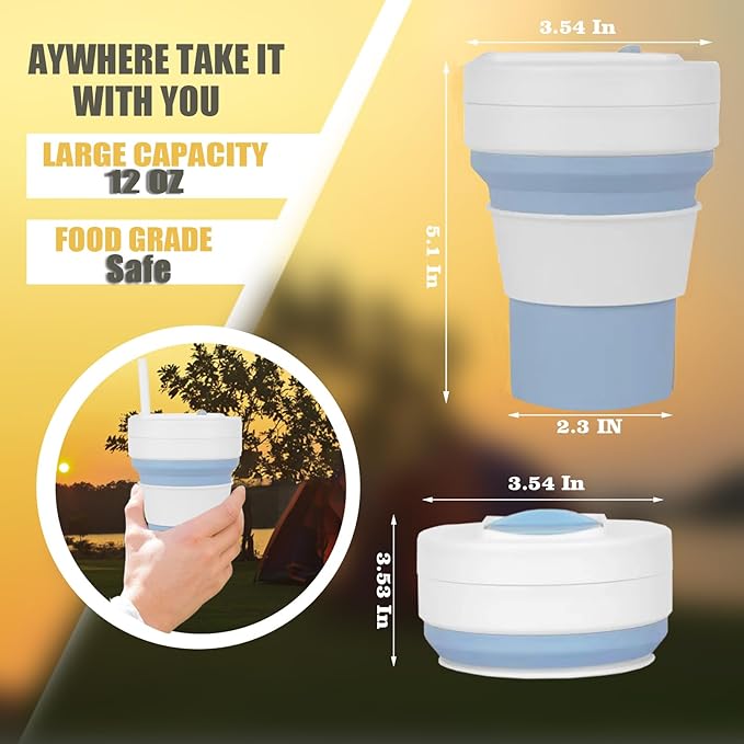 Silicone Foldable Drinking Cup for Camping Hiking,Portable Silicone Water Bottle for Hot and Cold Beverages with Straw- Blue & White
