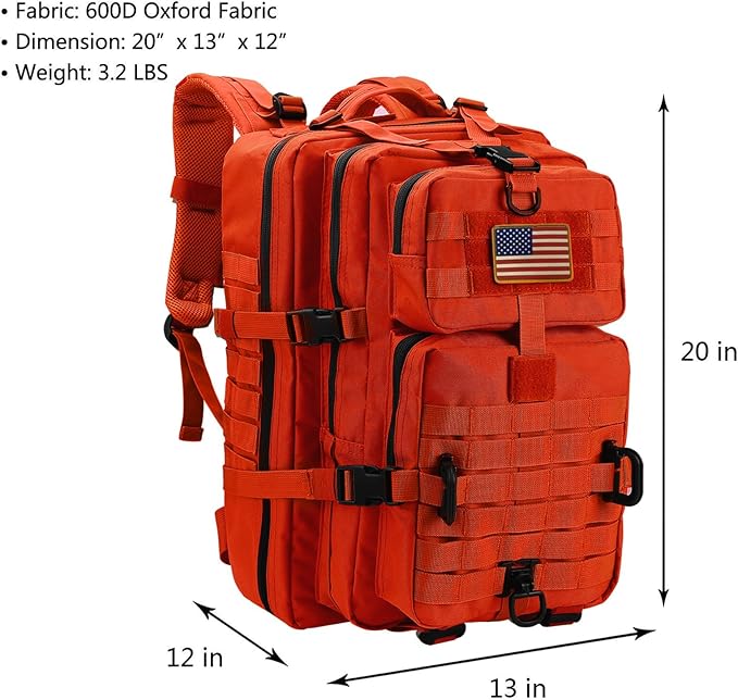 Hannibal Tactical MOLLE Assault Backpack, Tactical Backpack Military Army Camping Rucksack, 3-Day Pack Trip w/USA Flag Patch, D-Rings, Orange