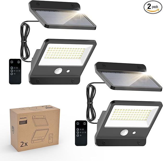 Philips Solar Security Light Outdoor LED 6500K, Solar-Powered Flood Light w/PIR Motion Sensor, Remote Control w/16ft Cable, IP65 Waterproof, 3 Modes (2)