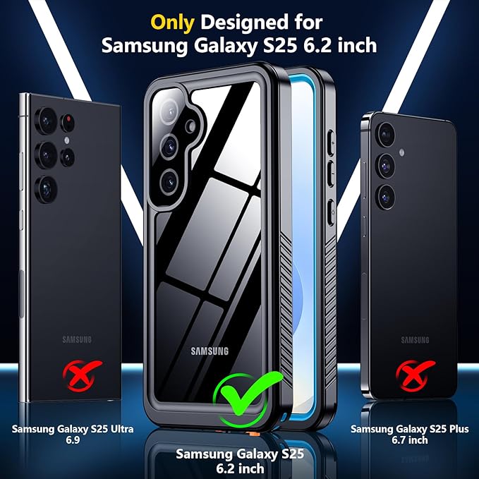 SPIDERCASE Designed for Samsung Galaxy S25 Case Waterproof,Built-in [ Screen + Camera Lens Protector][IP68 Underwater] Full Protection Heavy Duty Shockproof Anti-Scratched Phone Case, Blue