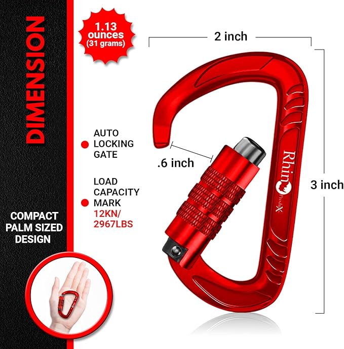 Rhino Produxs 12kN (2697 lbs) Heavy Duty Carabiner Clips, for Securing Pets, Outdoor, Camping, Hiking, Hammock, Dog Leash Harness, Keychains