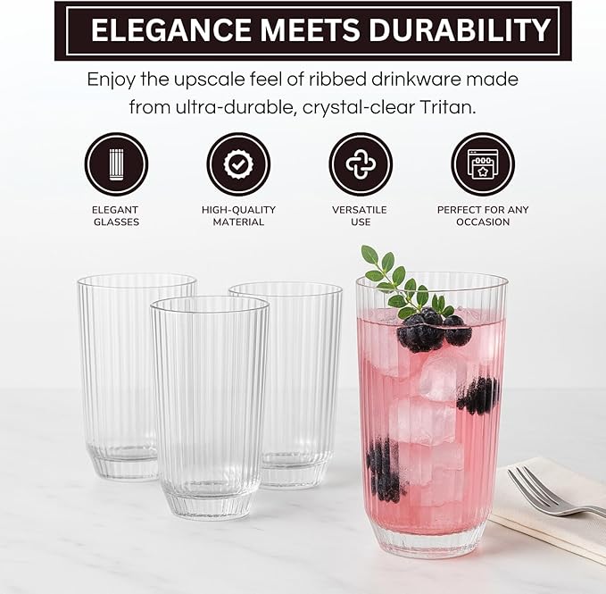 Khen Plastic Acrylic Ribbed Drinking Glasses – Set of 4 Clear 11.8oz Tritan Tumblers, European Style Shatterproof Drinkware – Durable, BPA-Free, Dishwasher Safe, Stackable & Unbreakable Plastic Cups
