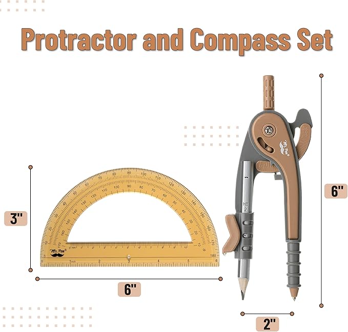 Mr. Pen- Geometry Compass and Protractor Set, 6 Inch Compass, 6 Inch Protractor, Drawing Tool for School, Clear Plastic, Easy Grip, Precision Design for Math, Art, Drafting, Architecture