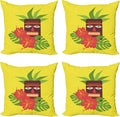 Ambesonne Luau Throw Pillow Cushion Case Pack of 4, Vibrant Composition of a Tiki Exotic Summer Hibiscus and Palm Leaves, Modern Accent Double-Sided Digital Printing, 24", Yellow Multicolor