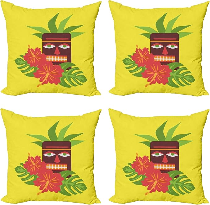 Ambesonne Luau Throw Pillow Cushion Case Pack of 4, Vibrant Composition of a Tiki Exotic Summer Hibiscus and Palm Leaves, Modern Accent Double-Sided Digital Printing, 24", Yellow Multicolor
