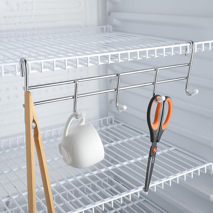 CroBlissful 2 Pcs 5 Hook Attachment for Wire Shelving 1.5 x 12 x 4 Inch Hanging Hooks Rack Wire Chrome Plated Steel Shelf Accessories Metal Hook Bars for Storage Display Organizer (Chrome)