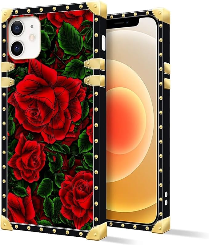 Compatible with iPhone 11 Case, Vector Red Rose Green Leaf Luxury Golden Decoration for Girl Women Soft TPU Shockproof Protective Hard PC Back for iPhone 11