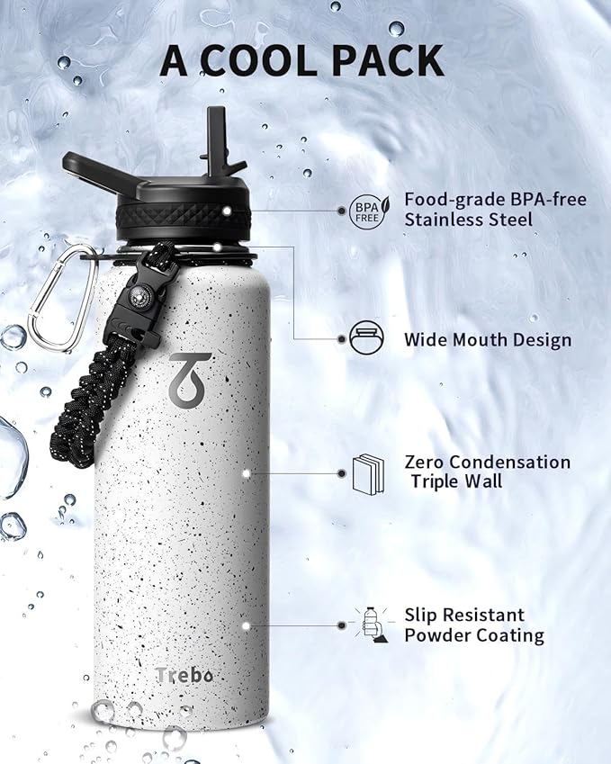 Trebo Water Bottle 40oz with Paracord Handle, Half Gallon Large Vacuum Triple Wall Stainless Steel Insulated Water Jug with Holder Strap Straw Spout Lids, Leakproof Keep Cold & Hot,Starry White