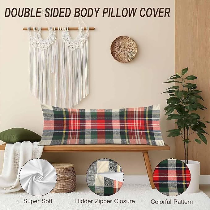Plaid Decorative Body Pillowcase 20"X54", Scottish Tartan Buffalo Plaid Outdoor Body Pillow Covers Throw Pillow Cushion Covers Oversized Body Pillow Cases for Home Patio Office Red