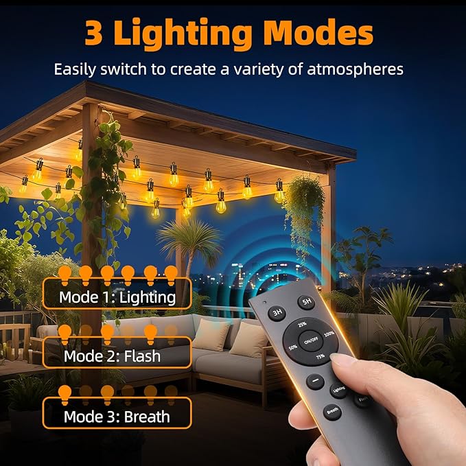 Outdoor Patio String Lights: S14 Shatterproof Bulb Outside Waterproof Light - 50Ft 15M Remote Dimmable Connectable Hanging Outdoor Electric Lighting - Garden Backyard Yard Gazebo Porch Party