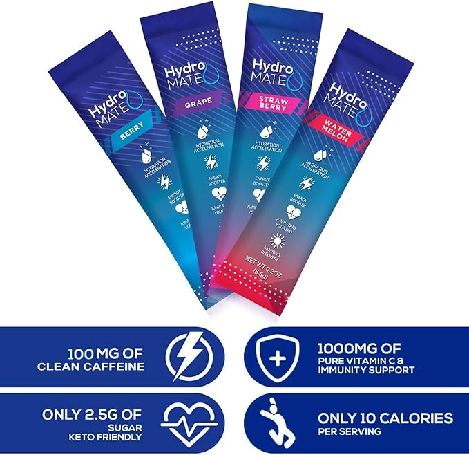 HydroMATE Electrolytes Powder Drink Mix Packets Hydration Accelerator Low Sugar Party Favors for Rapid Recovery Vitamin C Plus Caffeine Variety Pack - 30 Count