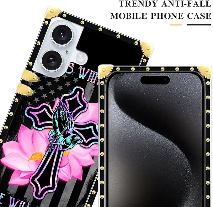 Compatible with iPhone 16 Plus Case, Praying Cross Hands Luxury Golden Decoration for Girl Women Soft TPU Shockproof Protective Hard PC Back for iPhone 16 Plus