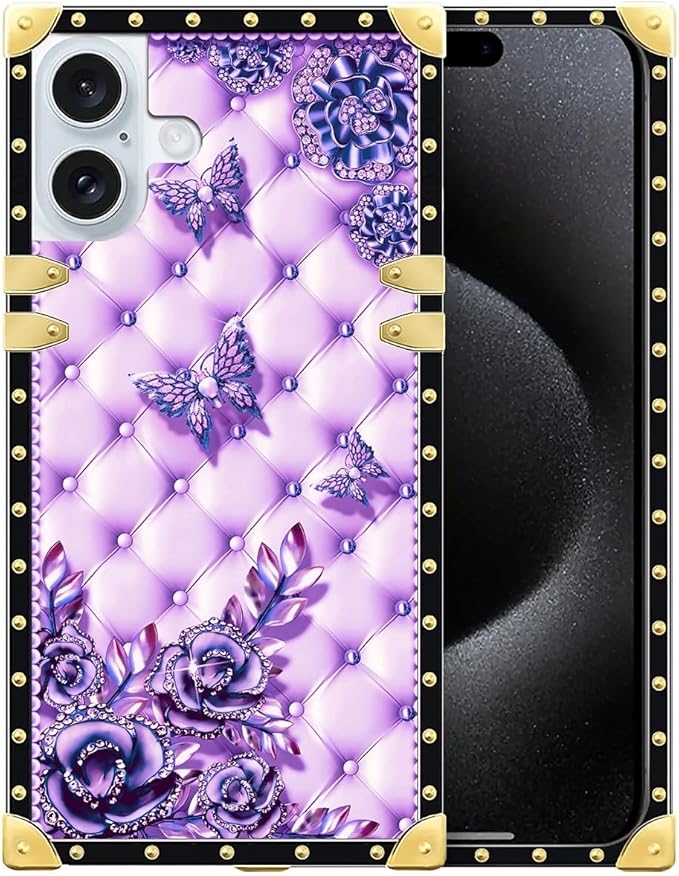 Compatible with iPhone 16 Case, Purple Butterfly Flowers Leaf Luxury Golden Decoration for Girl Women Soft TPU Shockproof Protective Hard PC Back