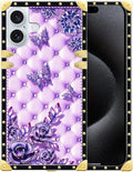 Compatible with iPhone 16 Case, Purple Butterfly Flowers Leaf Luxury Golden Decoration for Girl Women Soft TPU Shockproof Protective Hard PC Back
