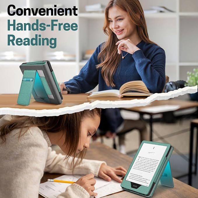 TNP Stand Case with Strap for Kindle Paperwhite 12th Gen 2024 / Kindle Colorsoft Signature Edition - 7" PU Leather Protective Folio Cover with Auto Wake/Sleep & Card Slot, Green