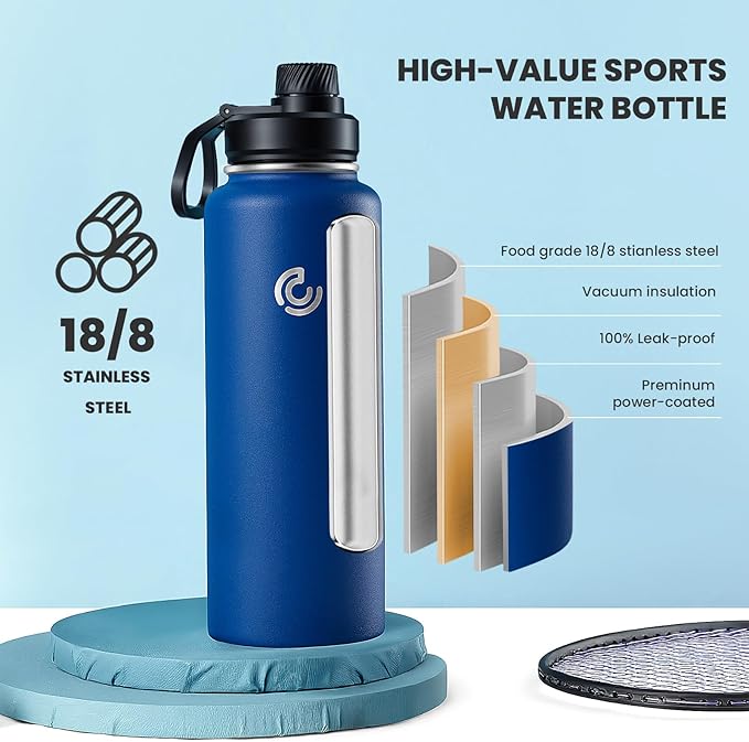 Sports Water Bottle 40oz, Insulated Water Bottle with Handle,Stainless Steel,Simple Modern,Suitable for Travel, School, Boy, Girl(Cobalt)