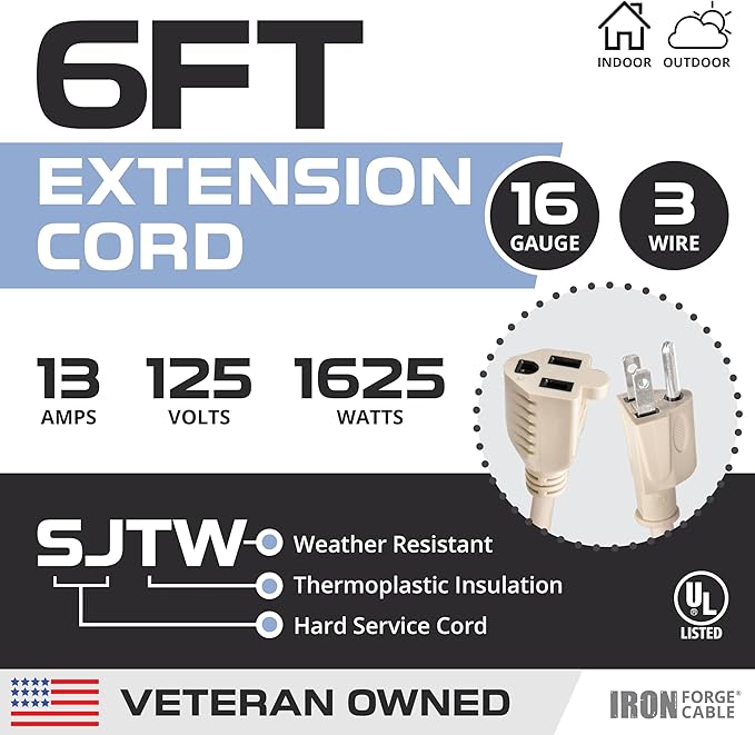 Iron Forge Cable Weatherproof 6 Ft Outdoor Extension Cord - 16/3 SJTW Heavy Duty Light Brown Extension Cord 3 Prong - 13 Amp Exterior Power Cable