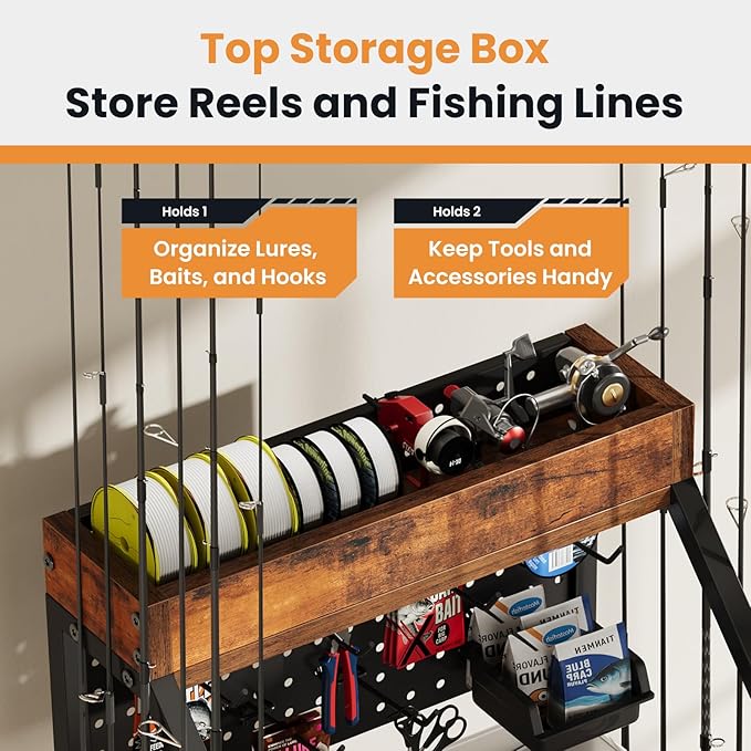 Fishing Rod Holder for Garage with Hooks & Pegboard, 3-Tier Fishing Pole Rack Holds 12 Rods, Rolling Fishing Rod Storage Organizer with Wooden Tool Box, Fishing Tackle Shelf for Anglers