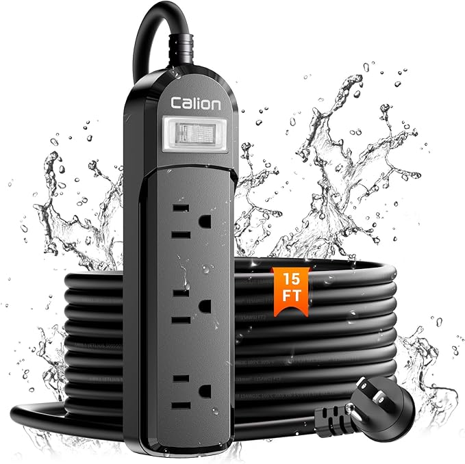 VNJ IPX6 Waterproof Outdoor Surge Protector Power Strip, 3AC Outlets 15FT Cord with On/Off Power Switch Safety Lock ETL Certified for Patio Garden, ETL