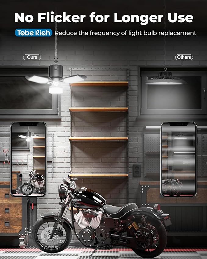 toberich 4 Pack Plug in Motion Sensor Garage Light - 8000LM Shop Light with 3 Modes, 3 Deformable LED Panels, 6500K Indoor Motion Sensor Light Bulb for Garage, Laundry Room, Basement