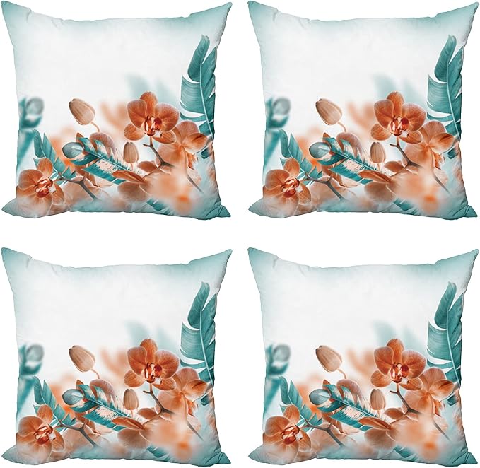 Ambesonne Tropical Throw Pillow Cushion Case Pack of 4, Exotic Orchids Blossom Leaves on Blurred Background Floral Themed Modern Art, Modern Accent Double-Sided Digital Printing, 24", Orange Teal