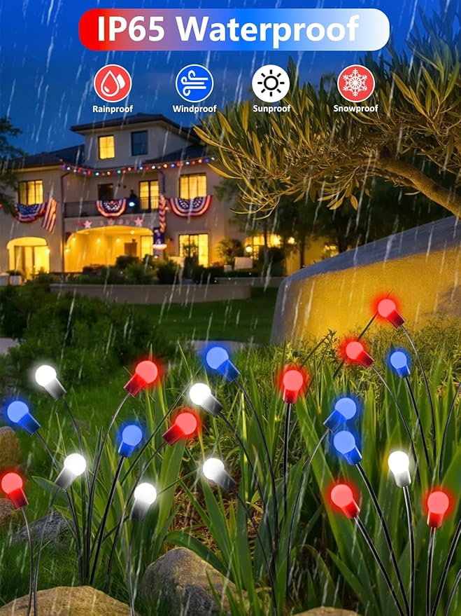 Upgraded 8 Pack Red White and Blue Solar Firefly Lights, 4th of July Solar Lights Patriotic Garden Lights Waterproof for 250th Anniversary National Day, Independence Day, Yard, Patio, Lawn Decorations