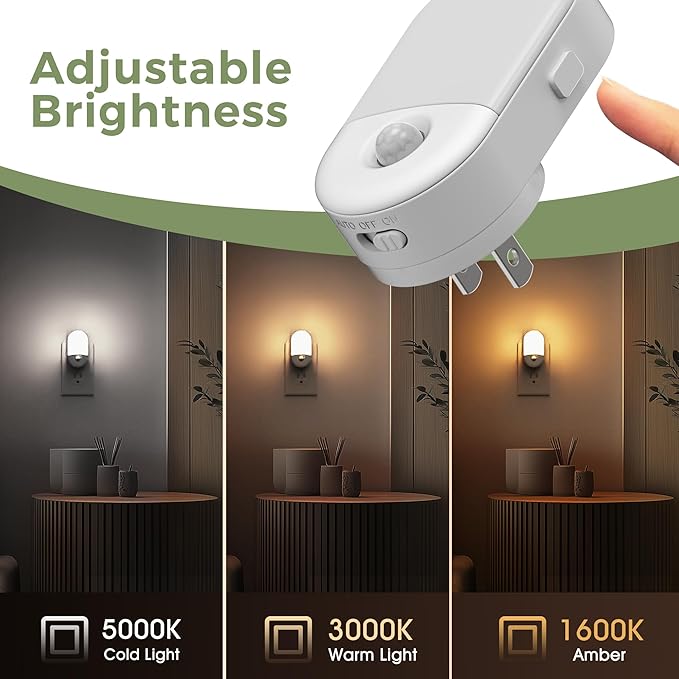 L LOHAS LED Motion Sensor Night Light, 2Pack, Motion Activated Night Light, Night Lights Plug into Wall, 3CCT Amber/3000K/5000K, Adjustable Brightness 30/60LM, for Kids Adults Bathroom Bedroom