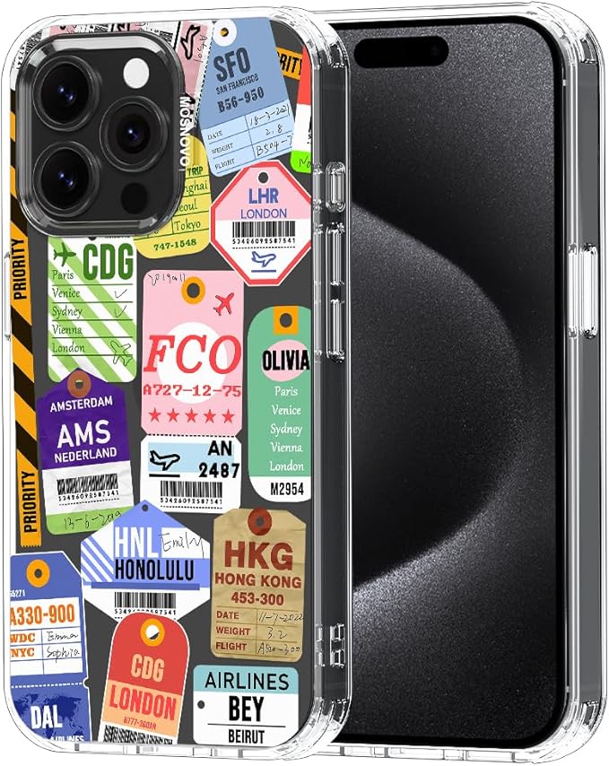 MOSNOVO Case for iPhone 15 Pro Max, [Buffertech 6.6ft Military-Grade Drop Protection] [Anti Peel Off Tech] Clear TPU Bumper Phone Case Cover Design - Air Ticket Labels