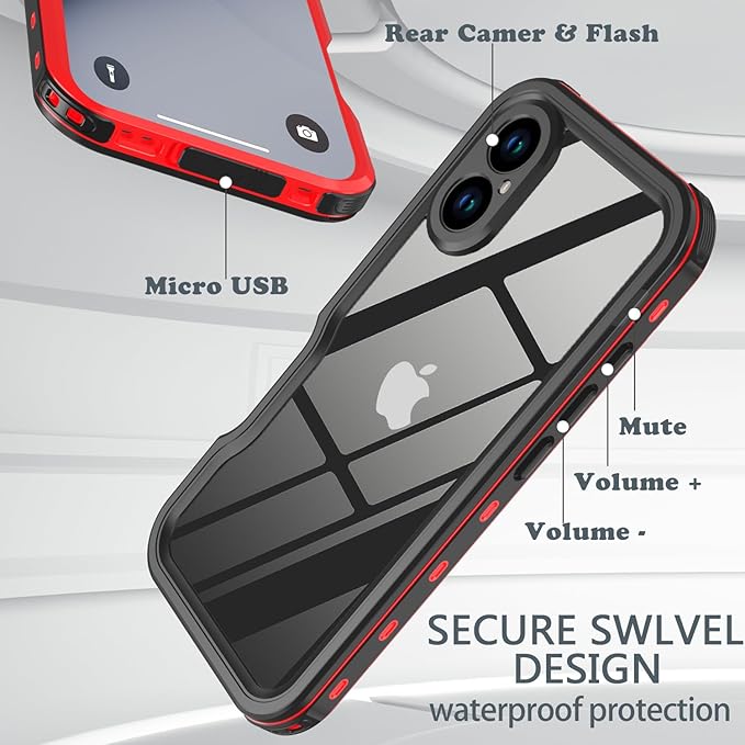 for iPhone 16 Case Waterproof, [Shockproof] [Dustproof] [IP68 Waterproof] Full-Body Hard Case Built-in [Lens Screen Protection] for Diving Case (Red, for iPhone 16 6.1in)