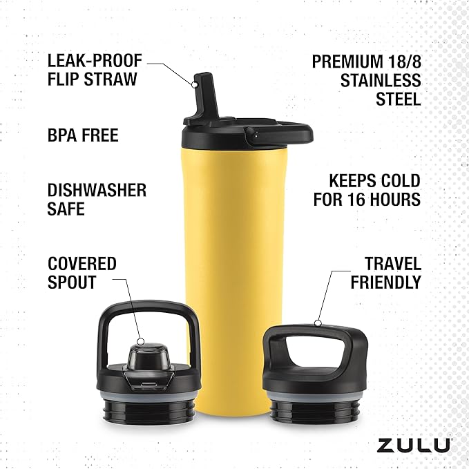 ZULU Base 18oz Kids Stainless Steel Water Bottle with 3 Lids- Straw, Chug, Twist | Double Walled and Vacuum Insulated Metal Thermos | Fits Car Cupholder, Built in Carry Loop, Dishwasher Safe, Vitamin